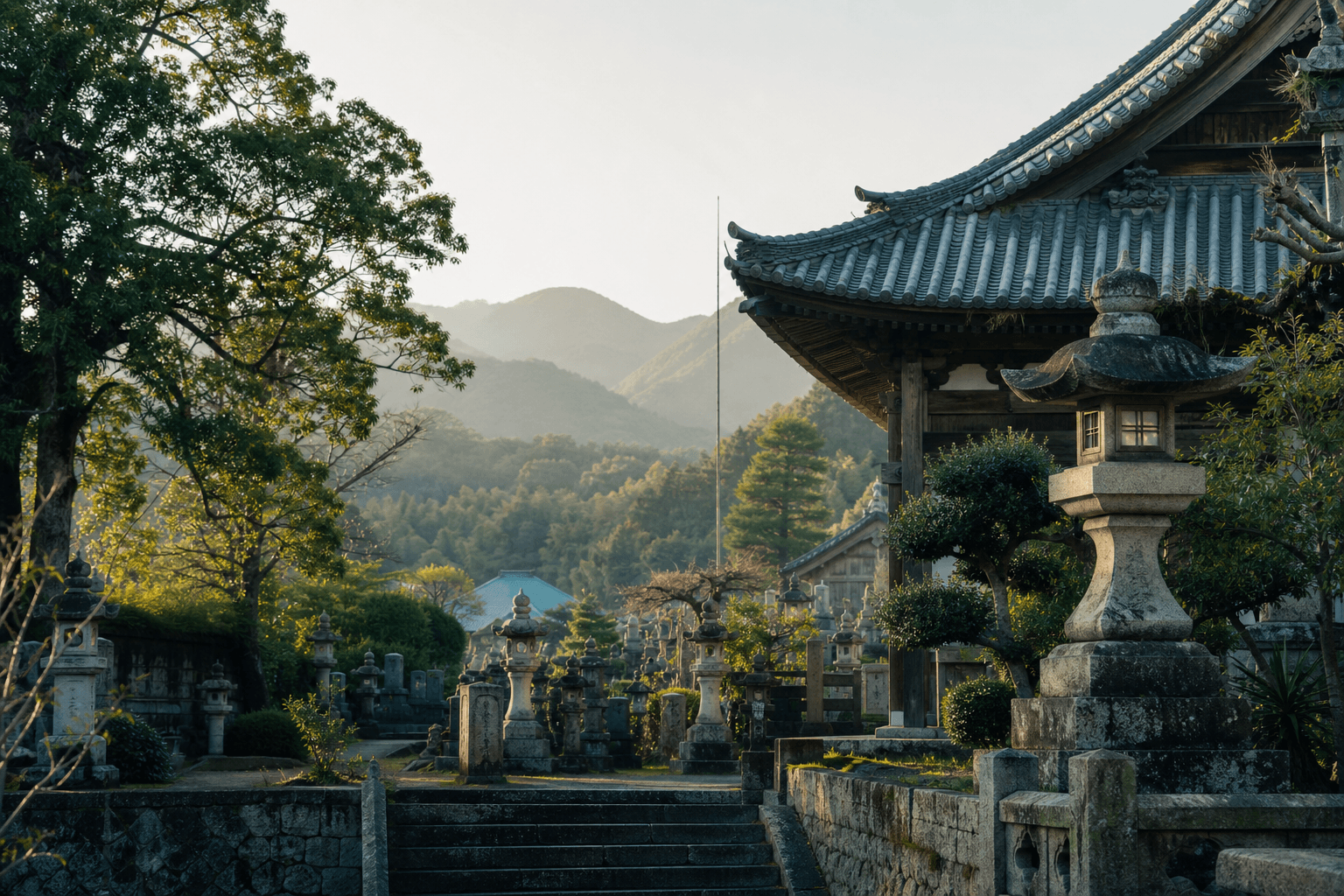 山あいに佇む地域の寺院と墓地の風景